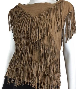 All Saints Spitalfields Goat Suede Leather Brown Fringe Lazuli Top UK 10/12 M - Picture 1 of 4