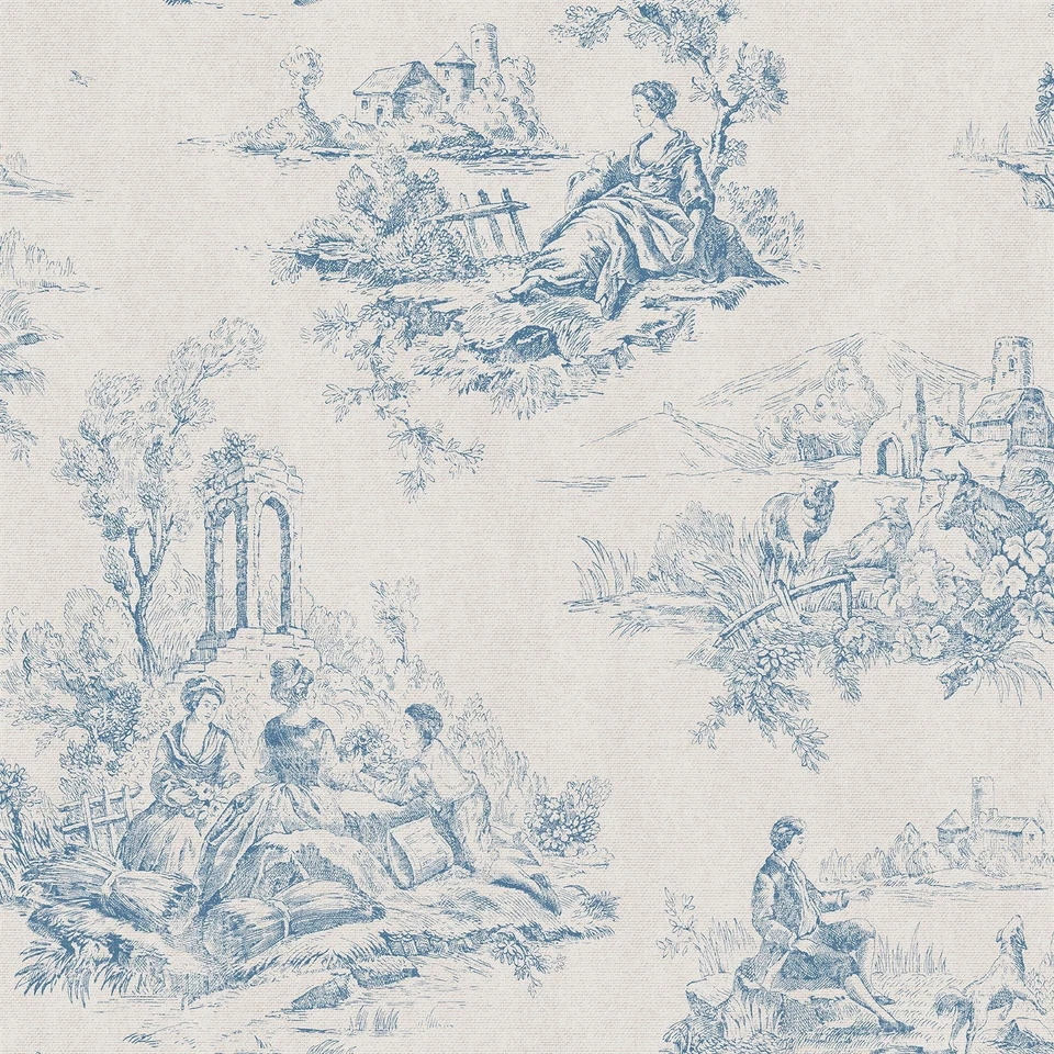 Papel Pintado Toile De Jouy Azul Blanco Escena Country Tradicional Clásico De Colección - Imagen 1 de 1