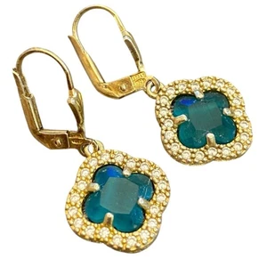 Elegantes Pendientes Oro y Trébol Verde Suerte 925 Italia Oro Sobre Plata de Ley - Imagen 1 de 2