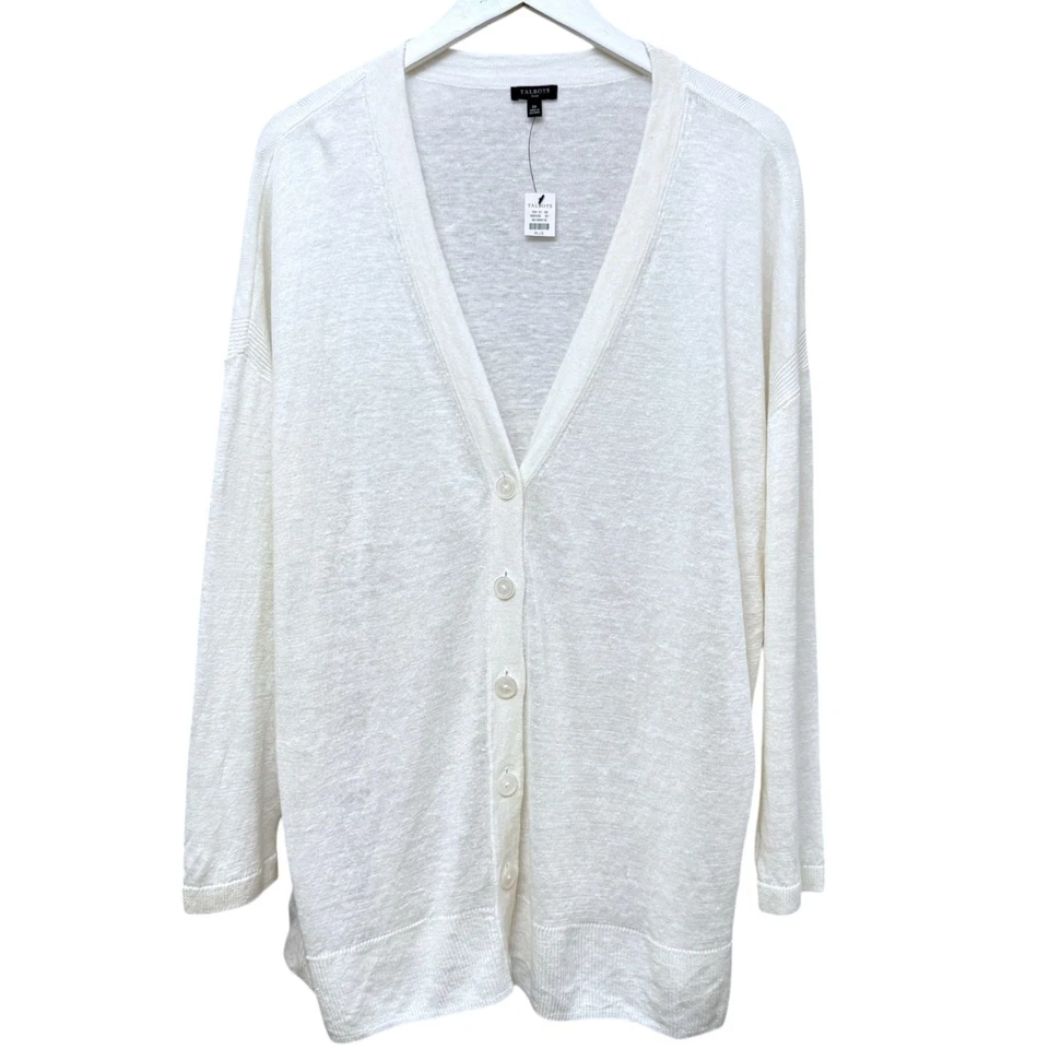 TALBOTS 白色开衫大码 2X 100% 亚麻针织女式毛衣新品 — 第 1/4 张图片