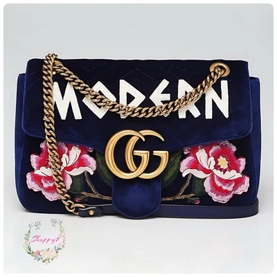 Gucci синий стеганый бархат вышитый современный средний Marmont сумка - Изображение 1 из 4