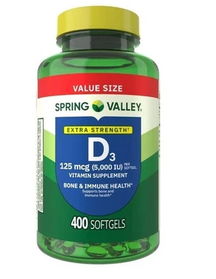 Cápsulas blandas de vitamina D3 Spring Valley 125 mcg por cápsula blanda 5.000 UI 400 unidades Foto 1 de 3