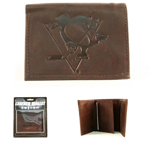 Pittsburgh Penguins Ice Hockey Genuine Leather Wallet Brown NHL Bifold Billfold Cover
