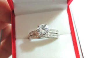WHITE ZIRCON & WHITE TOPAZ ACCENTS RHODIUM OVER 925 S.S. RING 2 PIECE SET SZ 7 - Picture 1 of 11