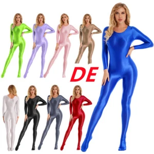 DE Damen Body Overall Einteiler Jumpsuit Langarm Ganzanzug Nylon Strumpfhose - Picture 1 of 66
