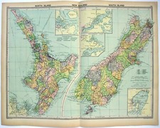 New Zealand - Large Original 1926 Map by George Philip & Son. NZ. Vintage