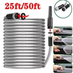 25FT / 50FT Stainless Steel Metal Garden Water Hose Flexible Heavy Duty Pipe US - Picture 1 of 14
