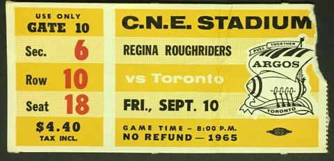 1965 C.N.E. Stadium CFL Vintage Football Ticket Regina vs Toronto Argos Cover