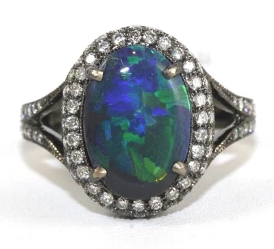 Natural Oval Black Fire Opal & Diamond Solitaire Ring 18k Gold 2.75Ct - Image 1 of 4