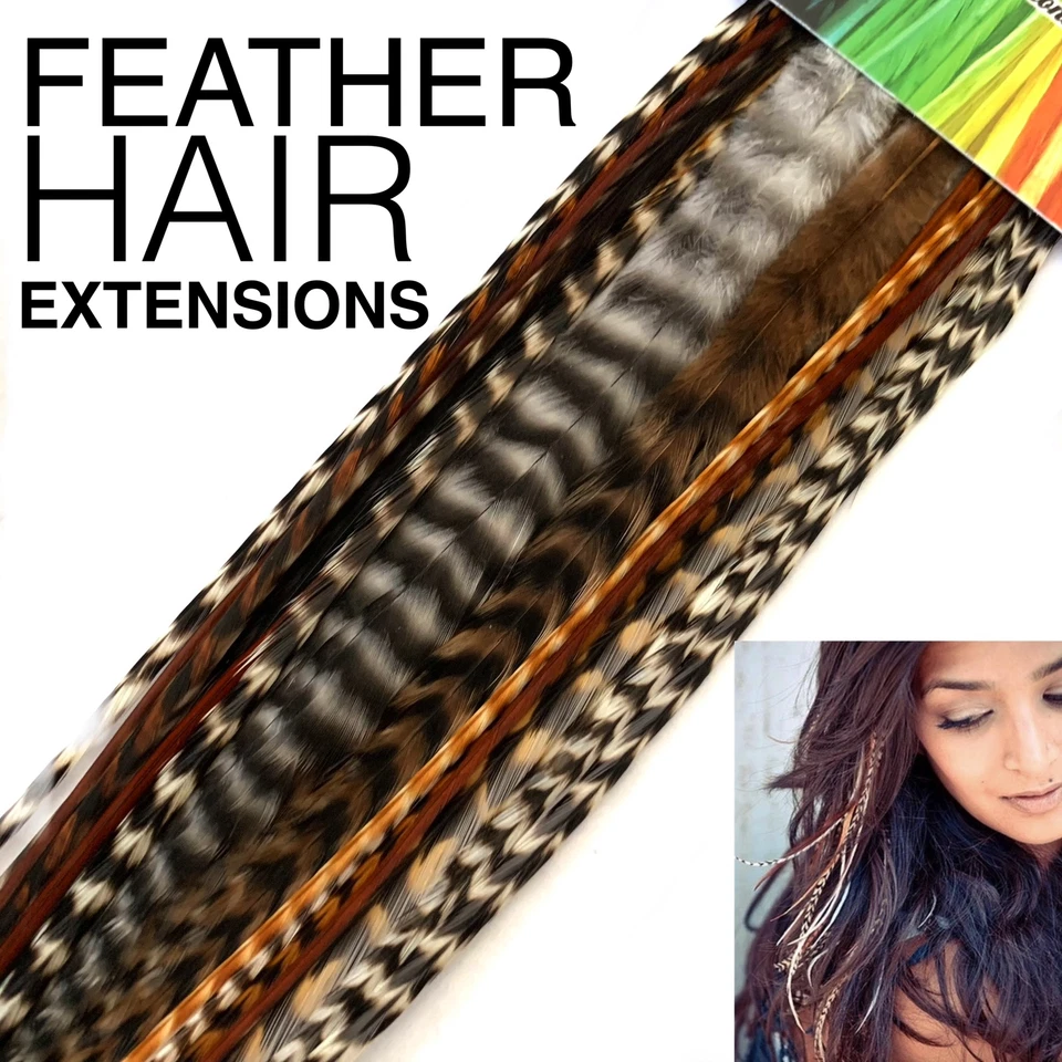 Feather Hair Extensions NATURAL WIDE n' SKINNY Grizzly LONG 20pc Tools Beads Kit - image 1 of 4