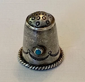 Navajo Sterling Silver Thimble Etched Tourqouise Stone USA 0.75x1” - Picture 1 of 6