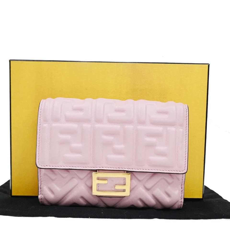 Cartera Cartera Cartera Doble Plegable Mediana FENDI Logo Baguette Cuero Rosa GHW Italia 61YH677 Foto 1 de 4