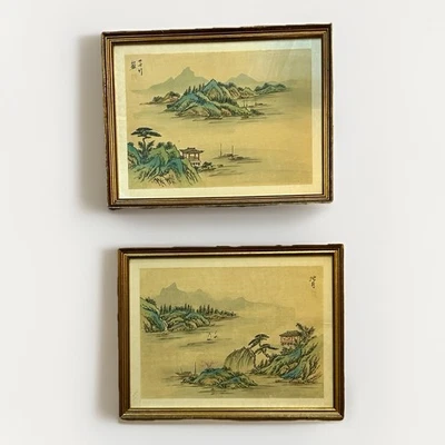 Arte de pared vintage tradicional chino paisaje tinta lavado sobre seda dorado enmarcado x2 Foto 1 de 4