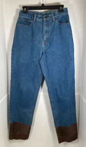 Pantalones de mezclilla Telluride para mujer de pierna recta azul estampado de leopardo dobladillo borde ribete bolsillos 8 - Imagen 1 de 11