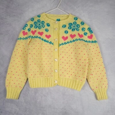 Cárdigan Suéter Tejido Vintage Niñas Pequeño Amarillo Corazón Flor Elefante Botón Foto 1 de 4
