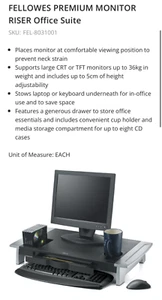 Fellowes Office Suites Premium Monitor Riser – Black/Silver Stand w Drawer Under - Picture 1 of 11