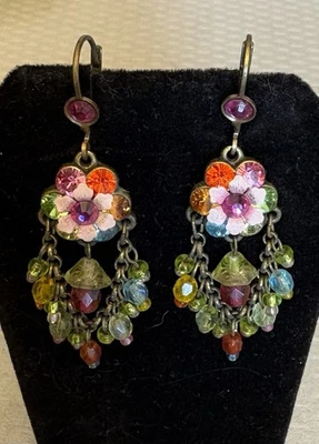 Vintage Michal Negrin Enamel Flower Rainbow AB Crystal Bead Dangly Drop Earrings - Image 1 of 4