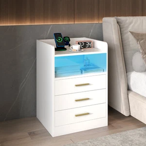 Ufurniture RGB LED Bedside Table 3 Drawers Cabinet Charging Station USB Port - Picture 1 of 9