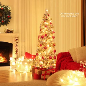 4.5 FT Pre-Lit Artificial Christmas Tree Snow-Flocked Pencil Xmas Decoration - Picture 1 of 7