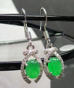 Genuine Green Jade Cabochon Oval Cubic Zirconia 18KGP Hook Dangle Earrings - Picture 1 of 6