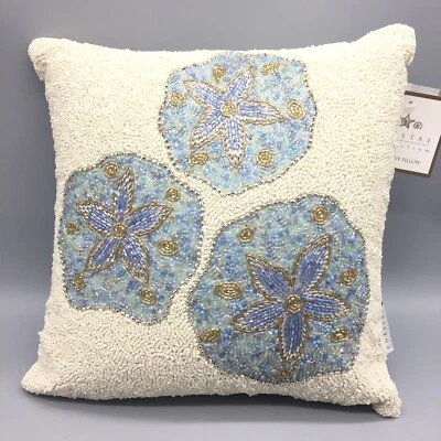 Coastal Collection Sand Dollar Beach Beaded Decor Pillow Ocean Aqua Blue 14" NEW - Image 1 of 4