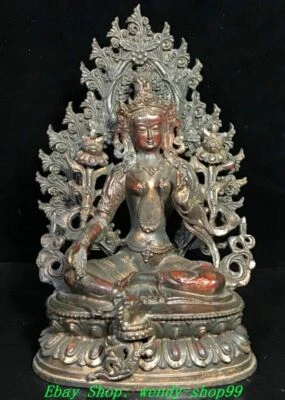 10.2"Old China Dynasty Pure Bronze Green Tara Mahayana Buddhism Goddess Statue - Image 1 of 4