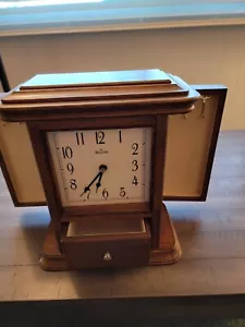 12" Height Walnut Finish Bulova Jewelry Box Clock In Excellent Condition & Works - Picture 1 of 10