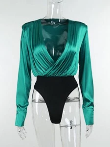 Mujeres Manga Larga Cuello en V Acolchado Hombro Plisado Satén Camisa Una Pieza Moda - Imagen 1 de 12