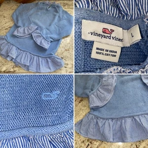 Vineyard Vines $85 Girls Chambray Cotton Sweater with Navy Ruffle Detail LG EUC - Picture 1 of 12
