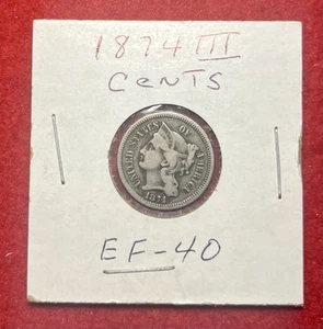 1874 Three 3 Cent Nickel Piece 3C US Antique Type Coin - Picture 1 of 2
