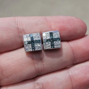 14K White Gold Blue Diamond Cross Princess Stud Earrings 1.50TCW 4.13 Grams - Picture 1 of 16