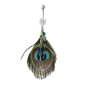 Enchanted Peacock Feather and Gem Dangle Navel Ring - Picture 1 of 1