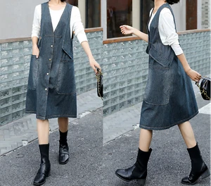 Abito midi donna casual collo a V jeans senza maniche abbottonato denim con tasca - Foto 1 di 12