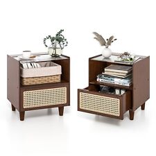 2PCS Bamboo Rattan Nightstand Boho Bedside Table with Drawer Bedroom End Table