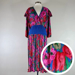 Diane Freis Dress Women Vintage Boho Floral Beaded Detail Smocked Pleated - Picture 1 of 23