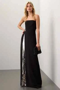 Sachin Babi Black Ivy Crepe Silver Sequin Slit Crystal Brooch Strapless Gown 14 - Picture 1 of 16