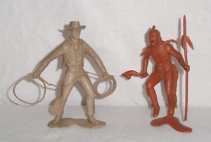 2 Vintage 1964 Marx Plastic Figures ~ Indian War Dance ~ Cowboy Lasso ~ 6” tall - Picture 1 of 14