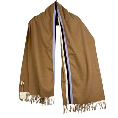 Bufanda Donni 100 % lana flecos beige tostado nueva con etiquetas con rayas moradas Foto 1 de 4