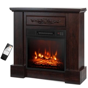 32" Electric Fireplace Mantel TV Stand Space Heater 1400W w/Remote Control Brown - Picture 1 of 10