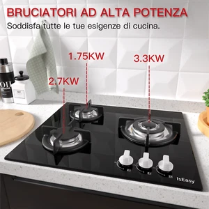Piano Cottura 3 Fuochi Gas Cucina a Gas 60 Cm Piano Cottura Incasso Vetro Nero - Imagen 1 de 8