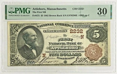 1882 $5 First National Bank Attleboro MA Brown Back FR# 475 PMG VF 30 Very Fine - Image 1 of 2
