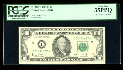 DBR 1981 $100 FRN Scarce Minneapolis Fr. 2169-I PCGS 35 PPQ Serial I01471627A - Image 1 of 2