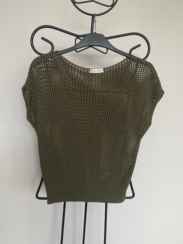 Celine super carino verde cachi maglia grossa patwing top camicetta gilet M uk 10 12