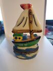 Hand Painted Ceramic Seattle Sail Boat " Sea Life " ~ Trinket Box Opens.
