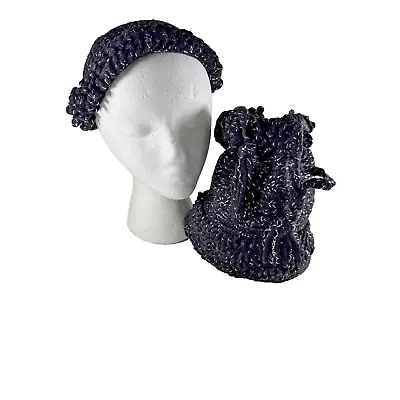 Vtg 1950s ESTATE Blk/Silver Knitted Matching Hat & Drawstring Bag 1 Sz fits Most - Image 1 of 4