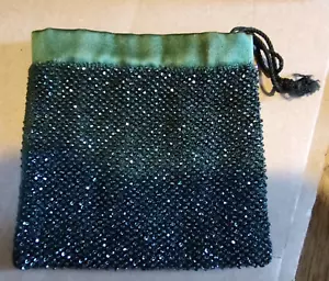 Vintage Emerald Green Beaded and Cloth Lined Draw String Coin Change Purse - Picture 1 of 3