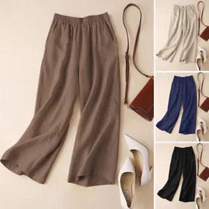 UK Womens Ladies Elastic Waist Baggy Casual Solid Harem Pants Wide-Leg Trousers - Picture 1 of 15