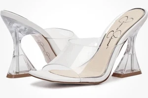 Jessica Simpson Sanaa hellweiß/transparent Pantoletten/Pantoletten Spulenabsatz Sandalen Gr-9 - Bild 1 von 12