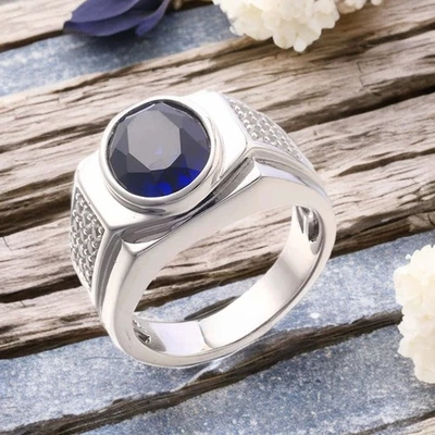 Blue Sapphire Ring Round Lab Created Sapphire Ring Solitaire Ring Men's Ring - Image 1 of 4