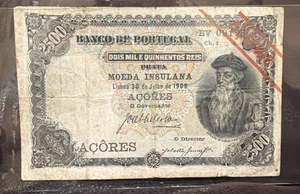 1909/30. Juli - AZOREN - PORTUGAL 2500 Reis Schein mit rotem Diagonalaufdruck RAR - P#8b - Bild 1 von 4